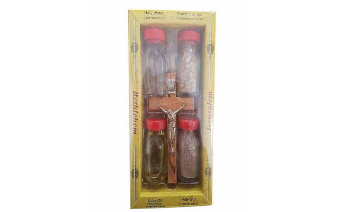 A set of olive wood cross with 4 holy land elements