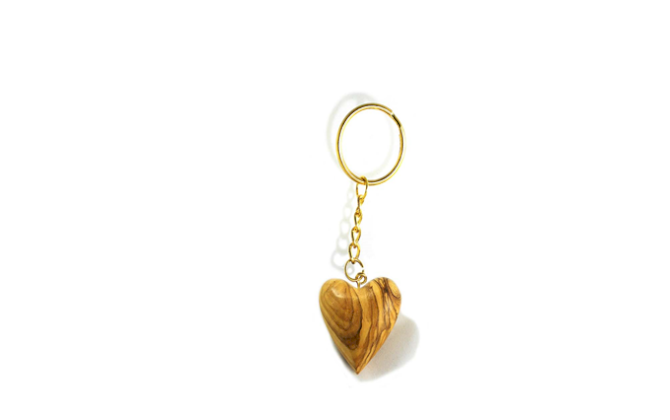 Olive wood carved heart keychain