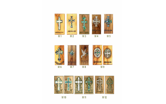 Olive wood fridge magnets with mother of pearl