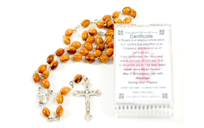 Olive wood chain rosary beads with holy soil centerpiece